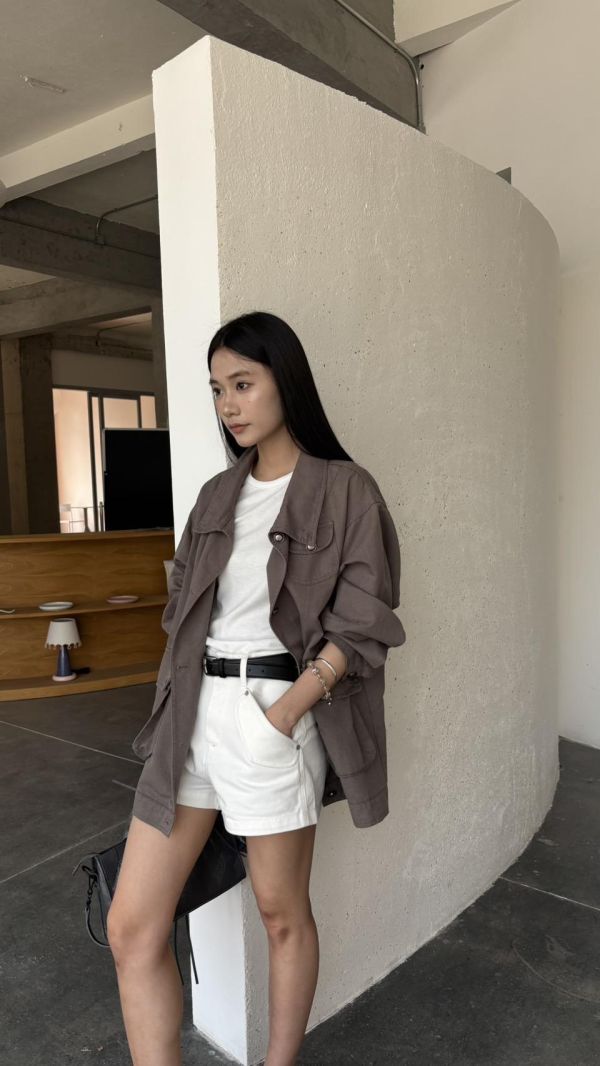 前口袋長版工裝薄外（灰綠） 