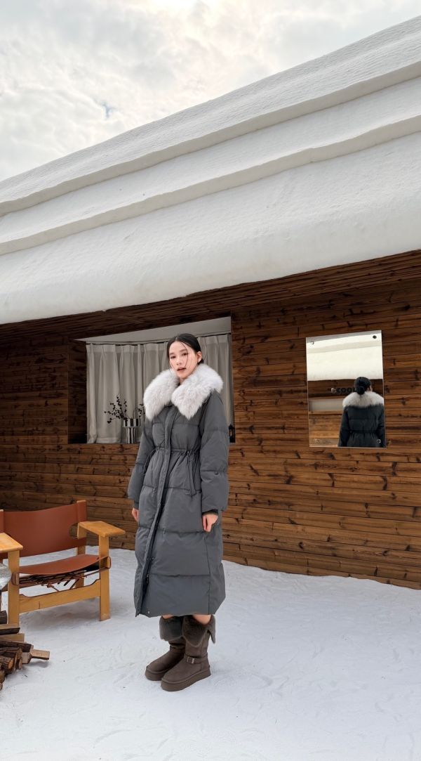 鴨絨90%狐狸毛長版外套（灰色） 