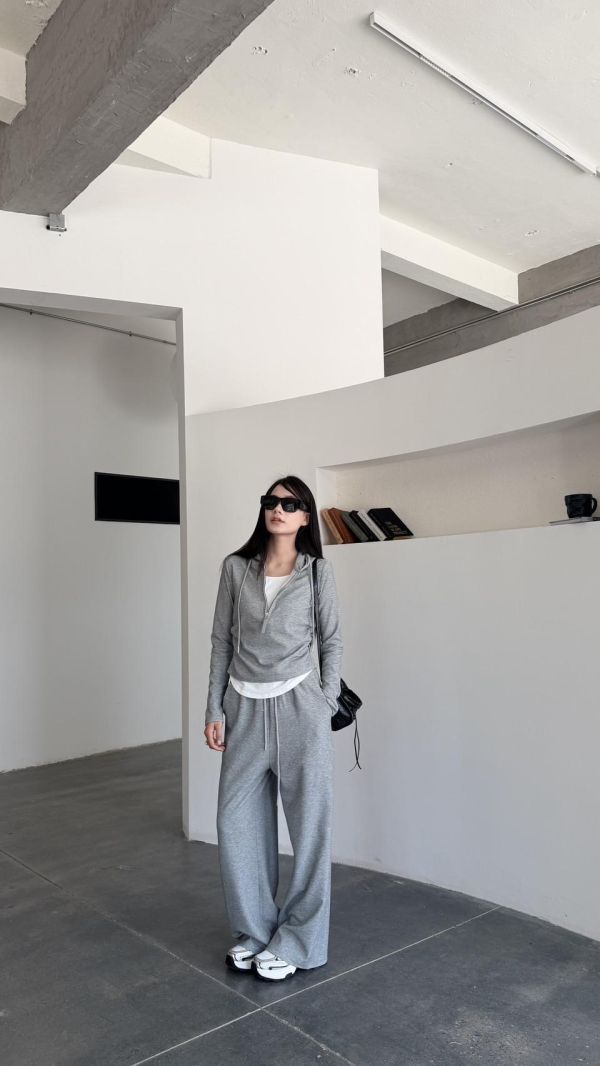 連帽假兩件長褲套裝（花灰） 