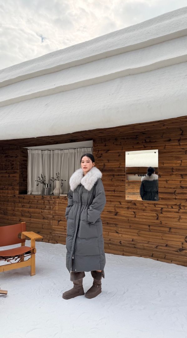 鴨絨90%狐狸毛長版外套（灰色） 