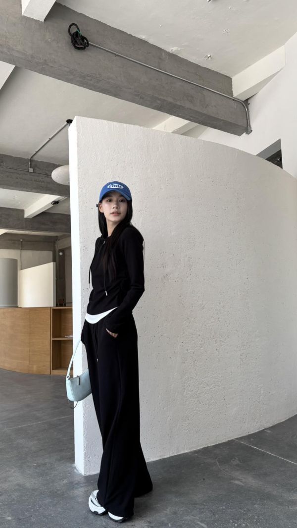 連帽假兩件長褲套裝（黑色） 