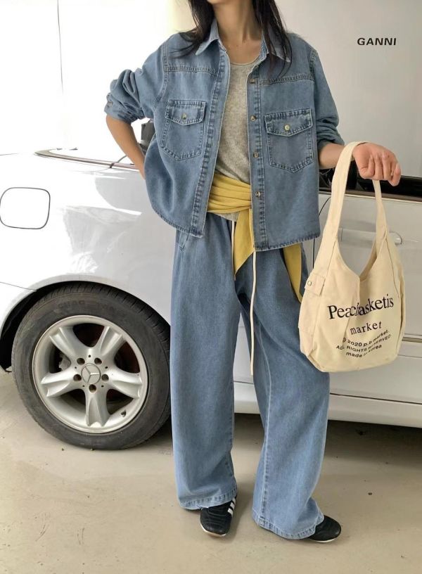 牛仔抽繩長褲SET 