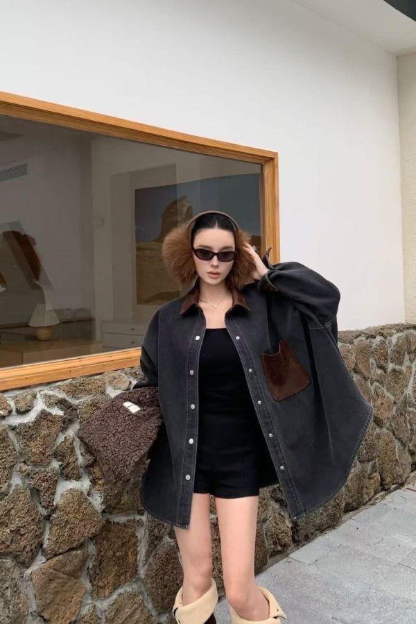 麂皮領撞色口袋牛仔襯 