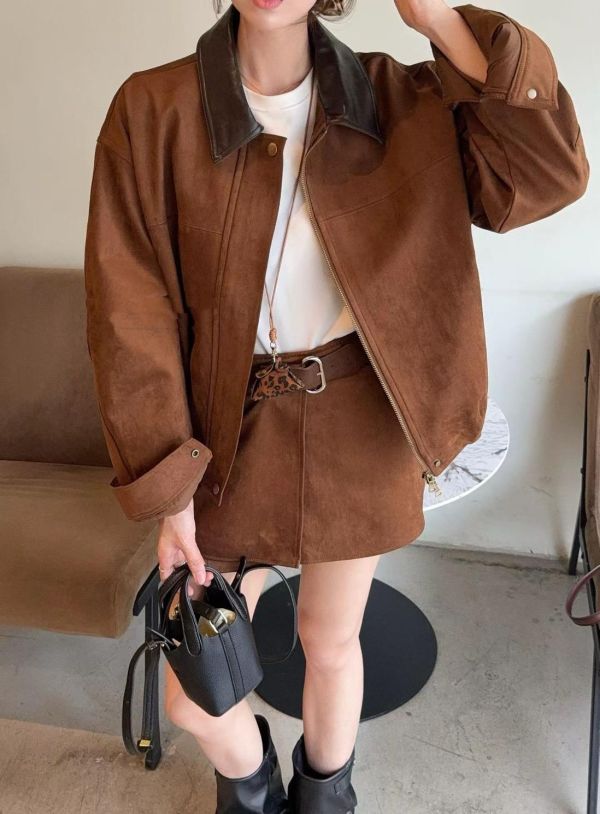 復古接皮麂皮套裝 