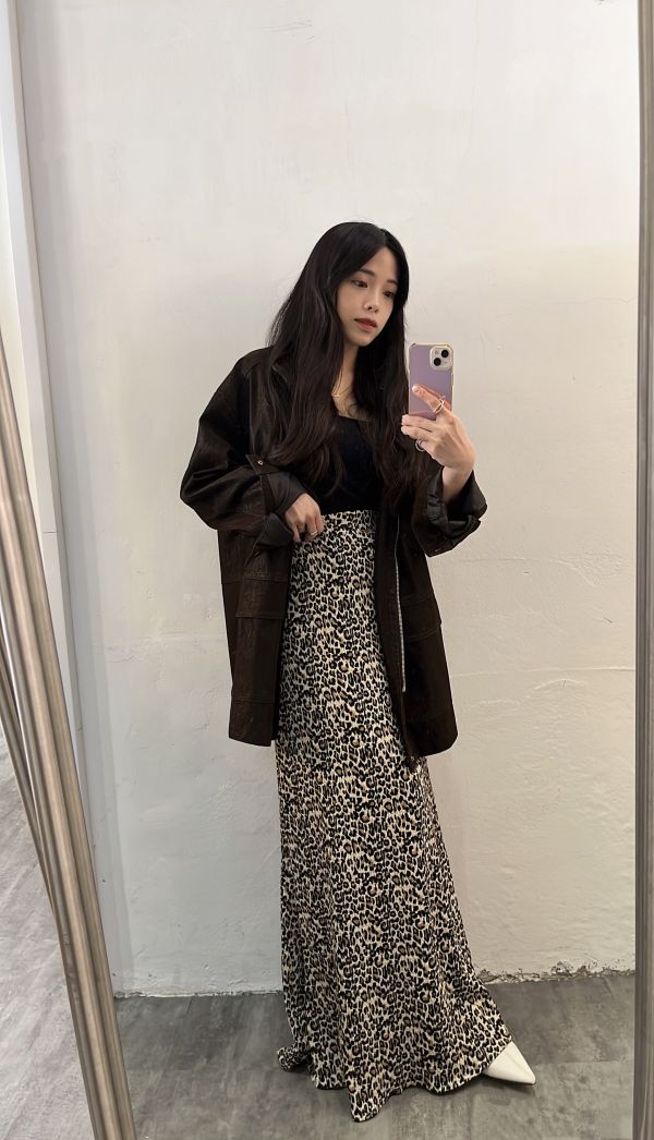 豹紋皺摺長裙 