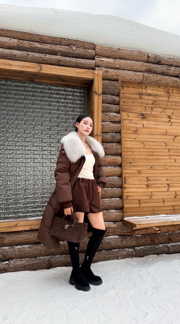 鴨絨90%狐狸毛長版外套（咖色） 