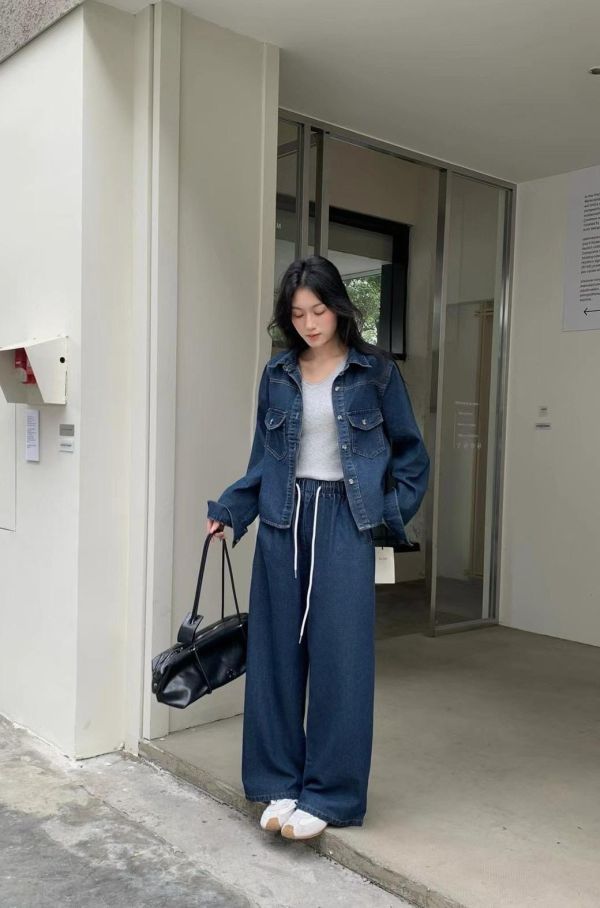 牛仔抽繩長褲SET 