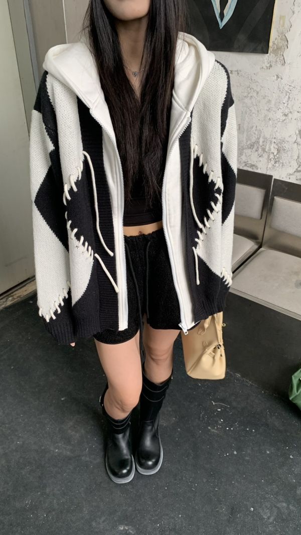 造型編織配色針織外套 