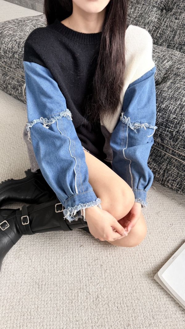 牛仔拼接針織衫 