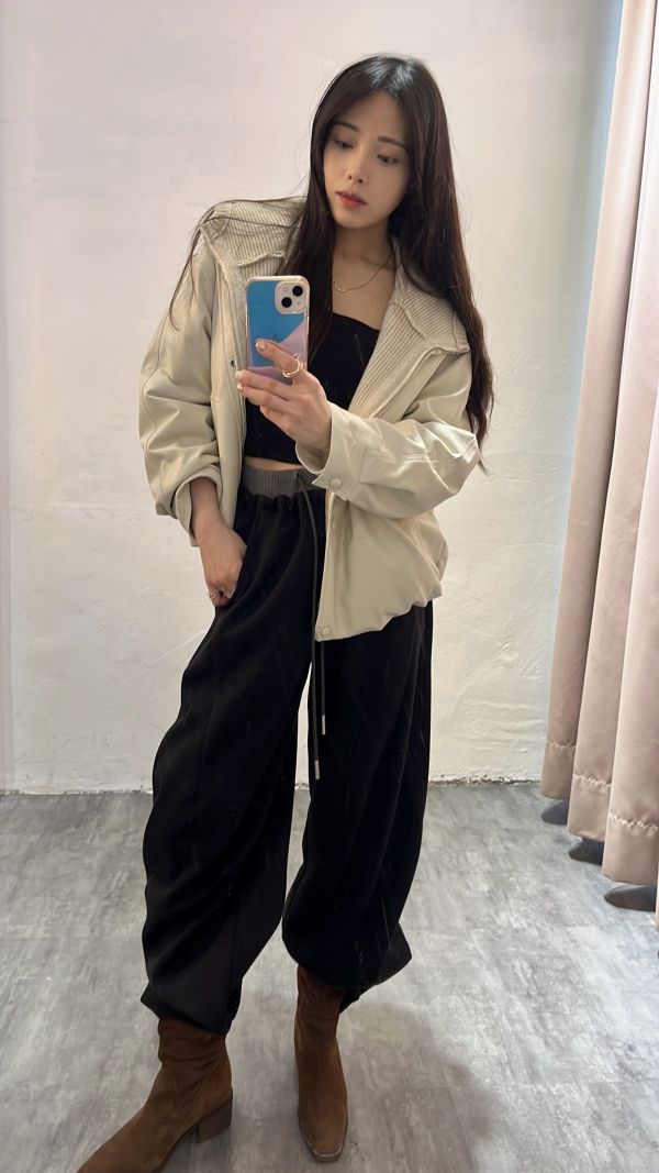 腰配色加絨衛褲 