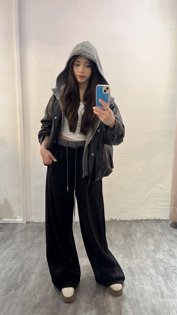 腰配色加絨衛褲 