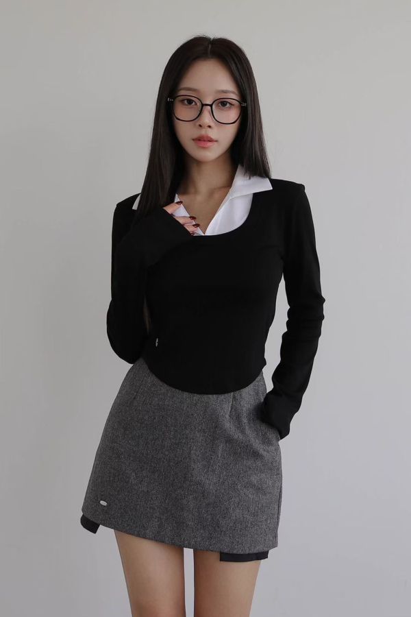 S06.拼色翻領上衣 