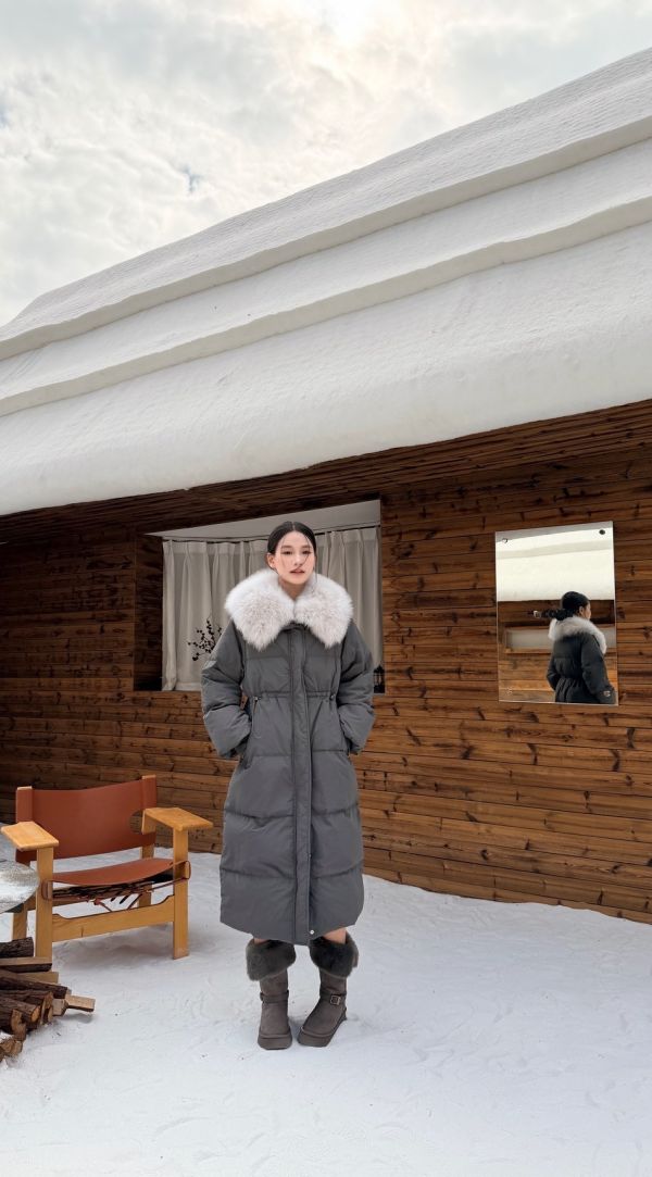 鴨絨90%狐狸毛長版外套（灰色） 