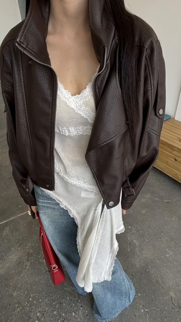 雲感羊紋軟糯廓形皮外（咖色） 