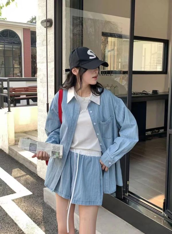 拼色領直條短褲套裝 