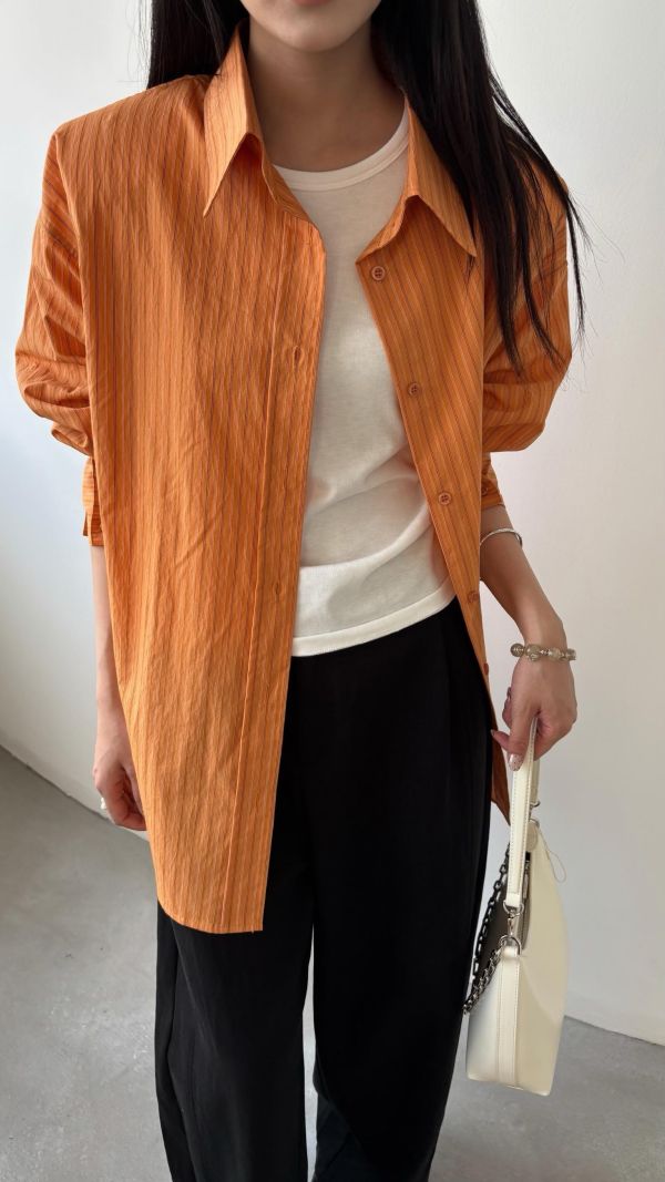 線條側釦襯衫（橘色） 