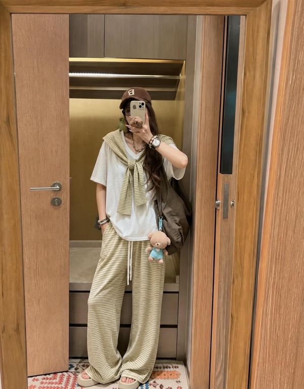 披肩條紋長褲套裝 