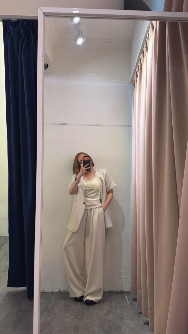 短袖造型長褲套裝（杏色） 