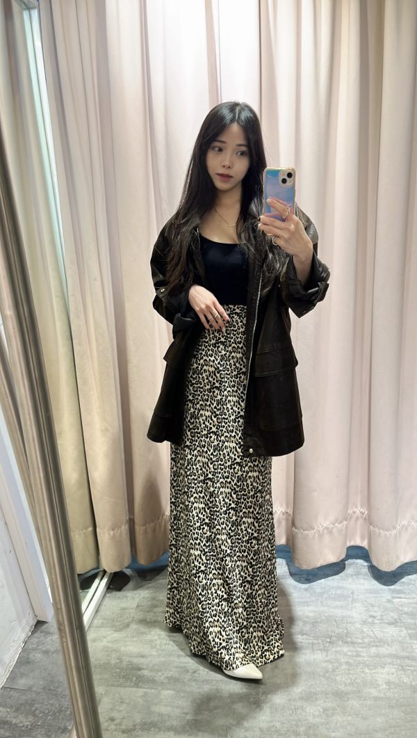 豹紋皺摺長裙 