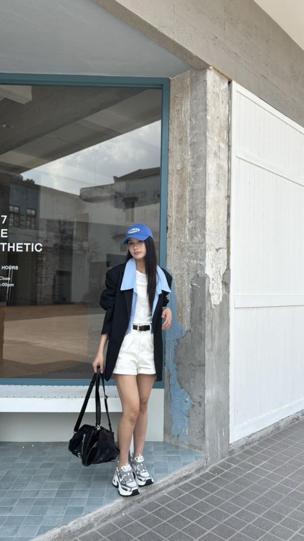 配色領西裝外套（黑色） 