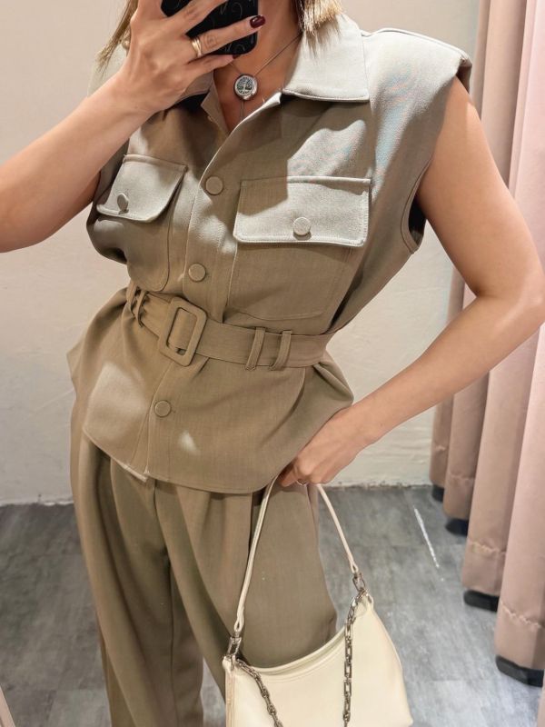 馬甲腰帶長褲套裝 