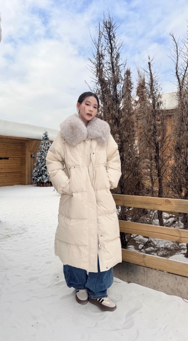 鴨絨90%狐狸毛長版外套（白色） 