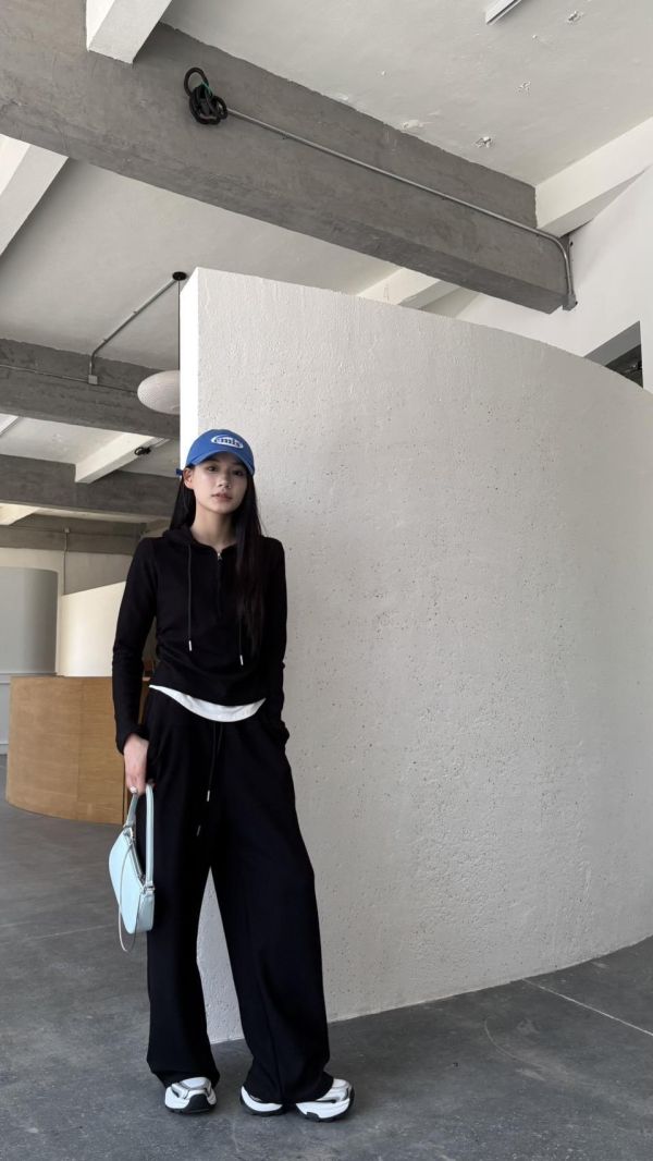 連帽假兩件長褲套裝（黑色） 