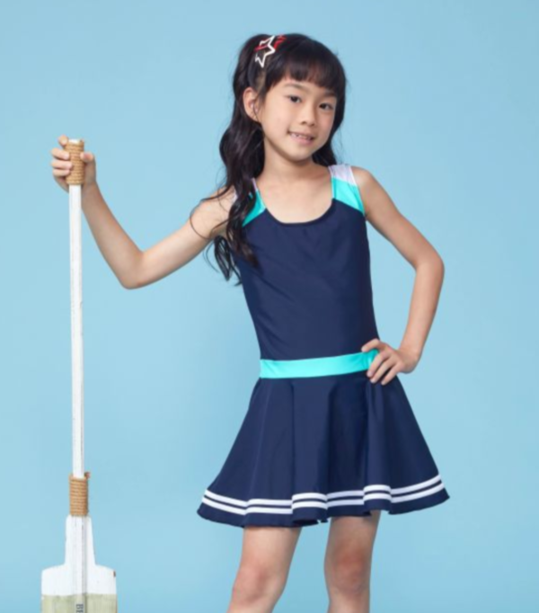 藏青色氣質女童泳裝 