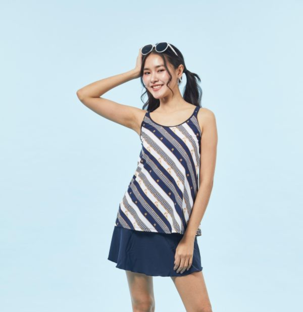 藍色優雅斜紋三件式泳衣 