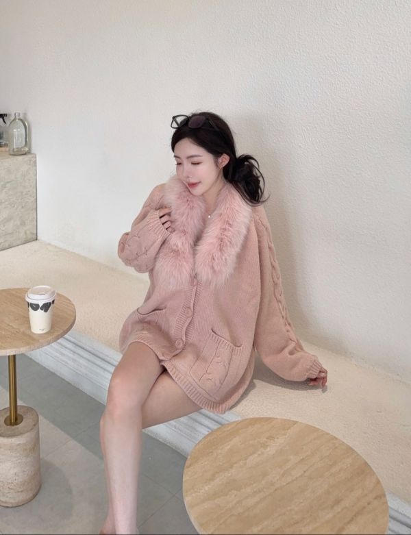 現貨 – 狐狸毛領針織毛衣外套 