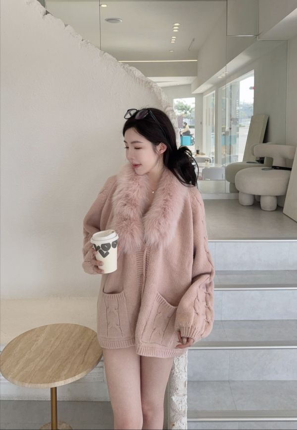 現貨 – 狐狸毛領針織毛衣外套 