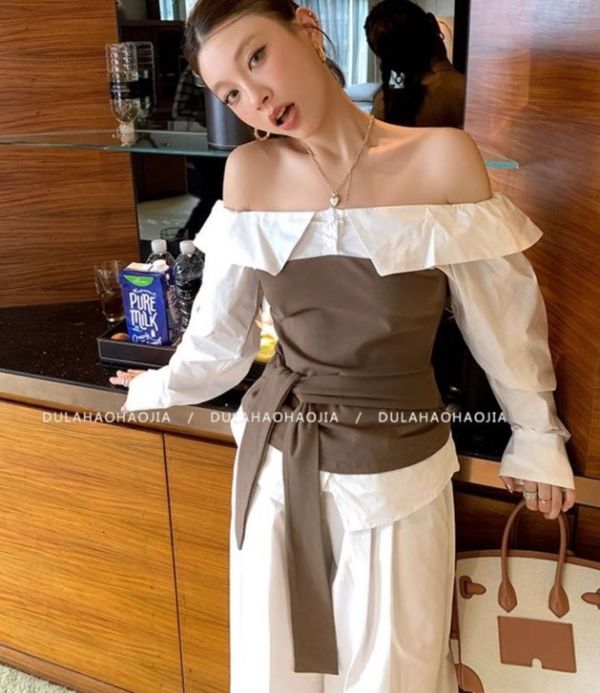 現貨 – 一字領拼接襯衫 