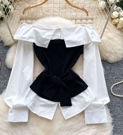 現貨 – 一字領拼接襯衫 