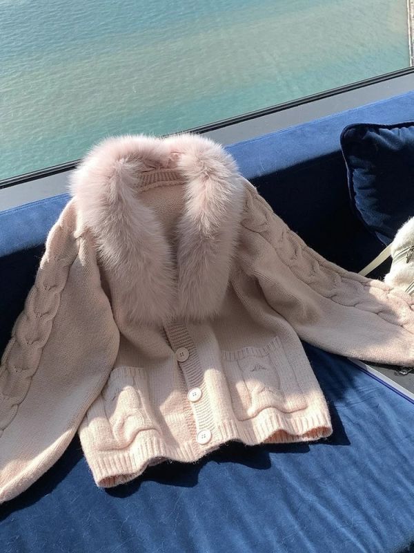 現貨 – 狐狸毛領針織毛衣外套 