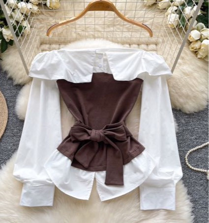 現貨 – 一字領拼接襯衫 