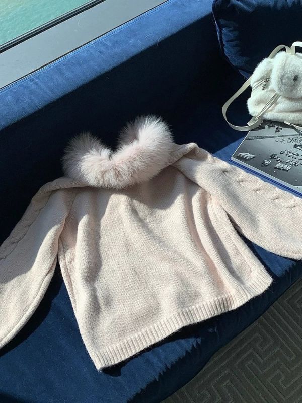 現貨 – 狐狸毛領針織毛衣外套 