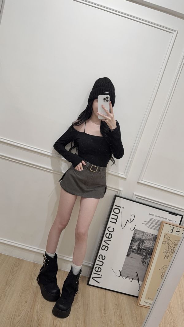 現貨 – 皮帶A字褲裙 