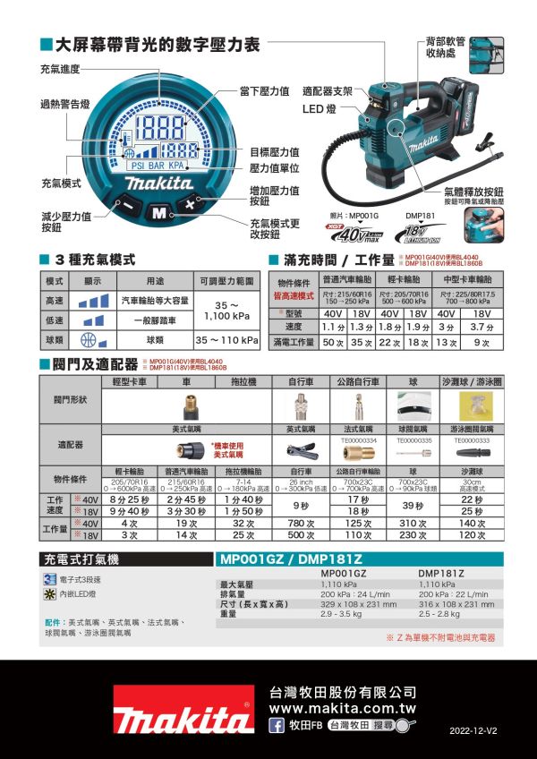 DMP180Z DMP181Z 充電式打氣機－單機18V DMP181Z 充電式打氣機－單機18V