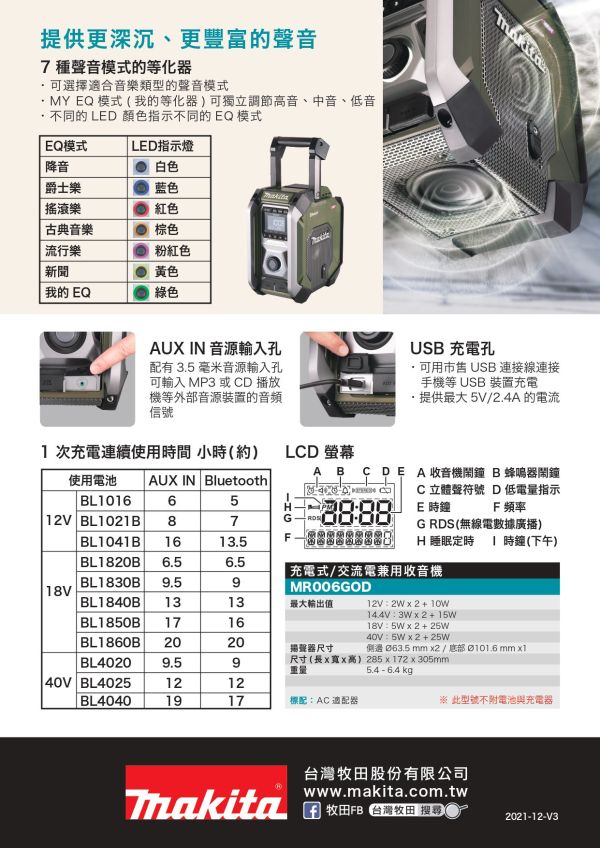 MR006GOD 收音機(軍綠)－單機12+18+40V/AC/BT MR006GOD
收音機(軍綠)－單機12+18+40V/AC/BT