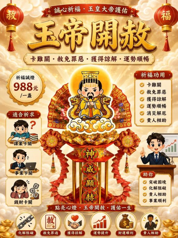 運勢順暢 萬事圓滿｜祈福誠燈 玉帝開赦,祈福誠燈,化解卡關,消災解厄,運勢提升,財運祈福,貴人相助,三禾文創