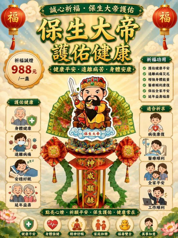 保生護佑 健康平安｜祈福誠燈 保生大帝,護佑健康,祈福誠燈,健康祈福,病後康復,醫療順利,全家平安,三禾文創