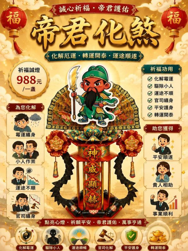 帝君護佑 化煞轉運｜祈福誠燈 帝君化煞,祈福誠燈,驅除小人,官司化解,轉運開泰,平安護身,事業順利,三禾文創
