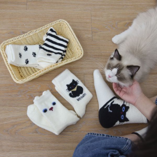 【小黑貓來暖腳】小黑貓加厚保暖長襪 五雙一組 