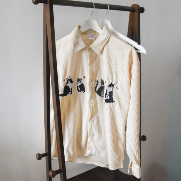 【日常又百搭】復古刺繡貓咪燈芯絨襯衫 共三色 