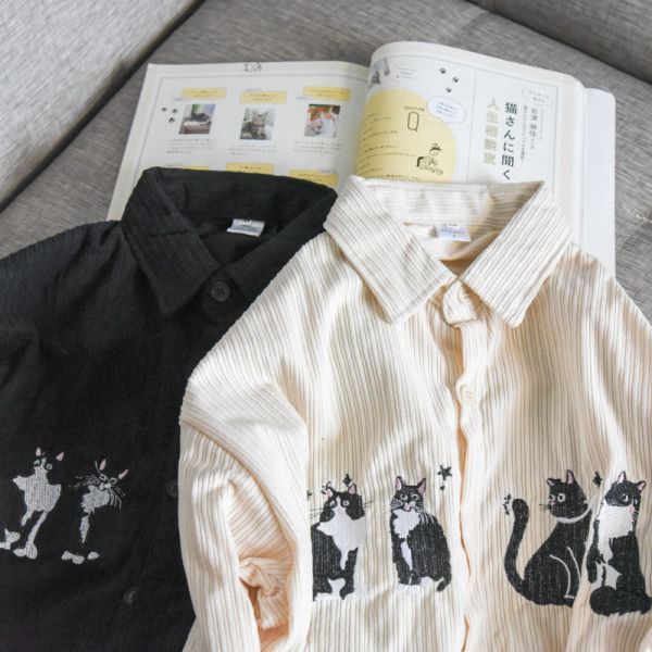 【日常又百搭】復古刺繡貓咪燈芯絨襯衫 共三色 