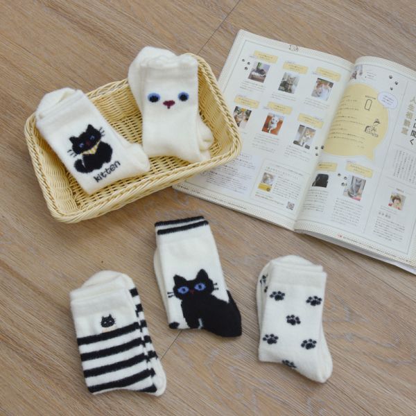 【小黑貓來暖腳】小黑貓加厚保暖長襪 五雙一組 