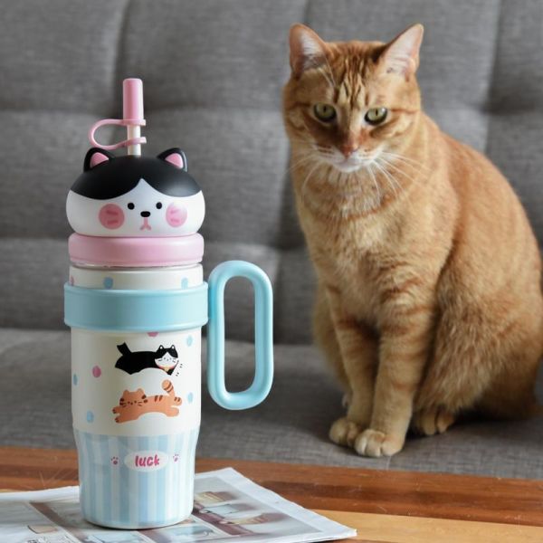 【大口暢飲大補水】中分小貓冰霸800ml保溫杯 