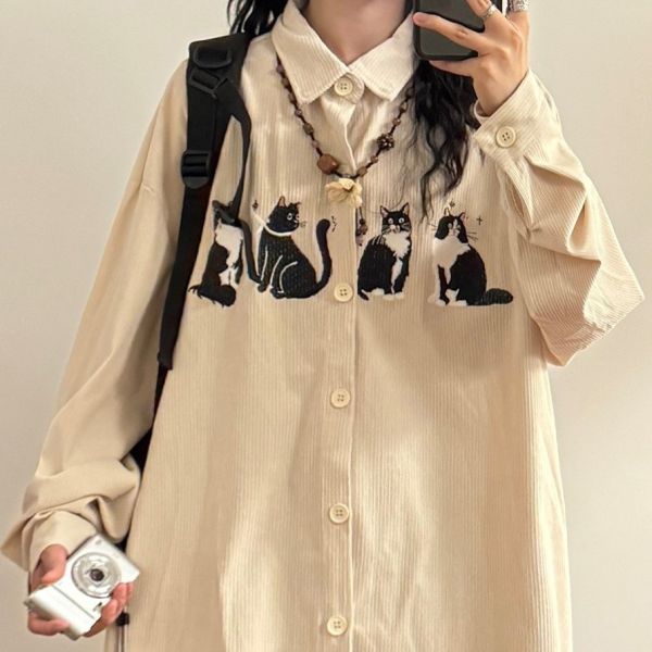 【日常又百搭】復古刺繡貓咪燈芯絨襯衫 共三色 
