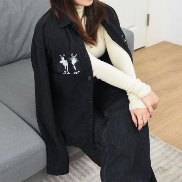 【日常又百搭】復古刺繡貓咪燈芯絨襯衫 共三色 