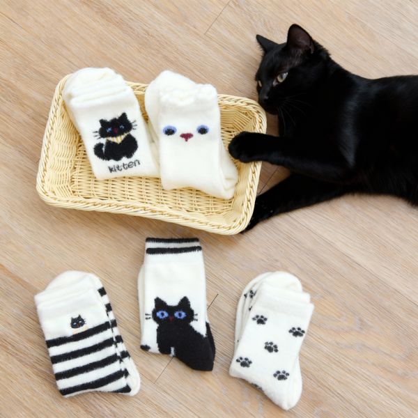 【小黑貓來暖腳】小黑貓加厚保暖長襪 五雙一組 